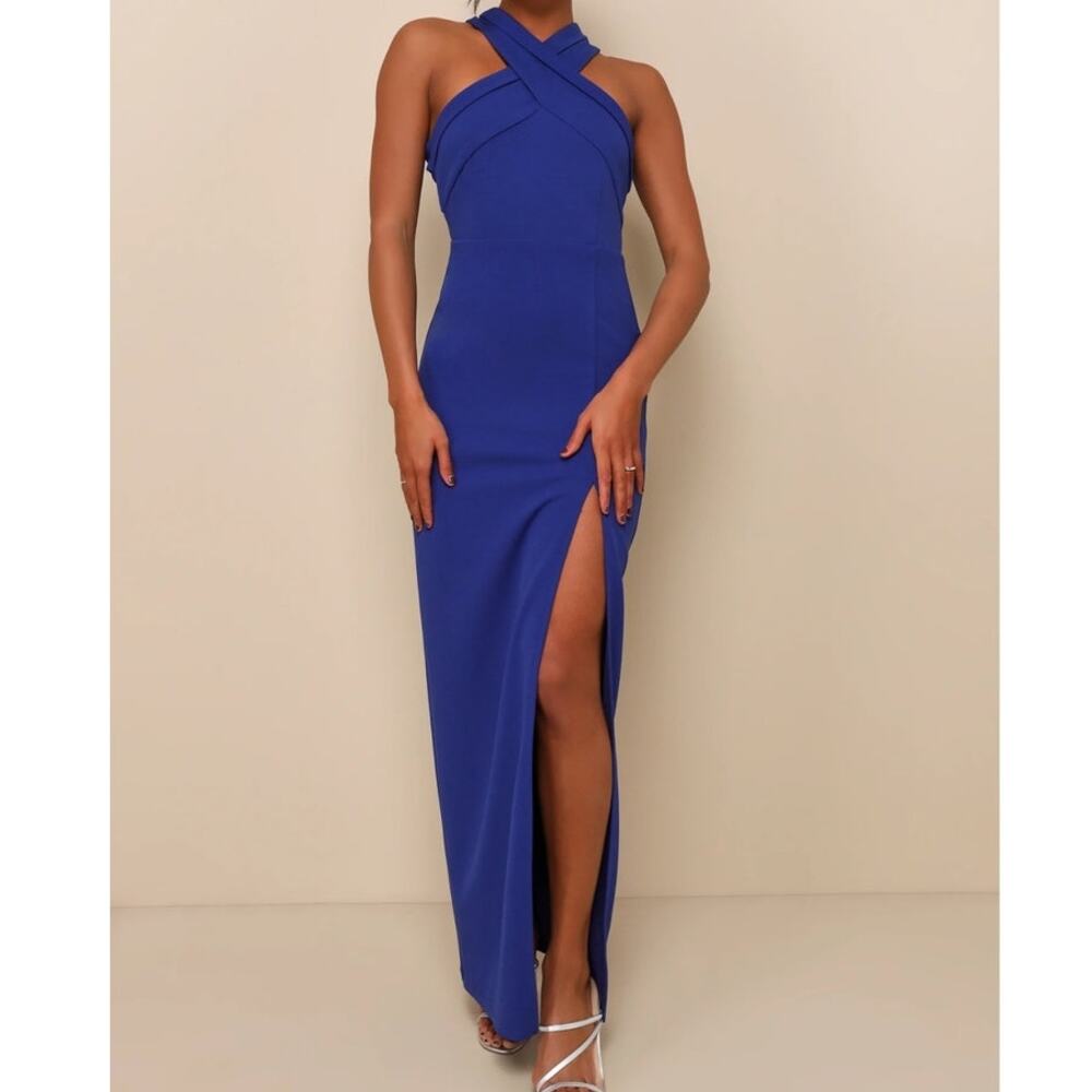 Lulu's Royal Blue Crisscross Halter Maxi Dress